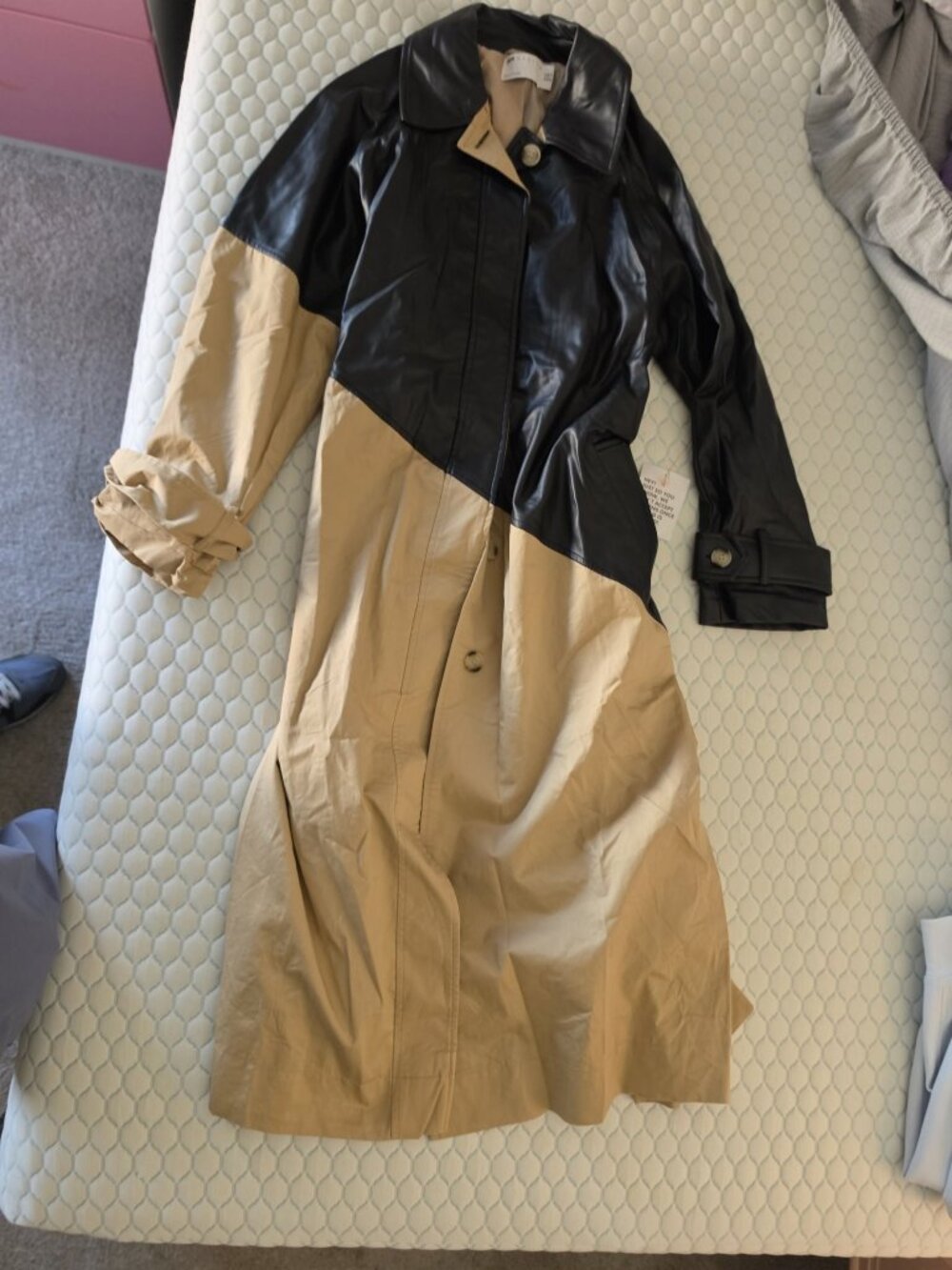 ASOS DESIGN Colorblock Trench Coat Women's US 6 Black Faux Leather Beige NEW